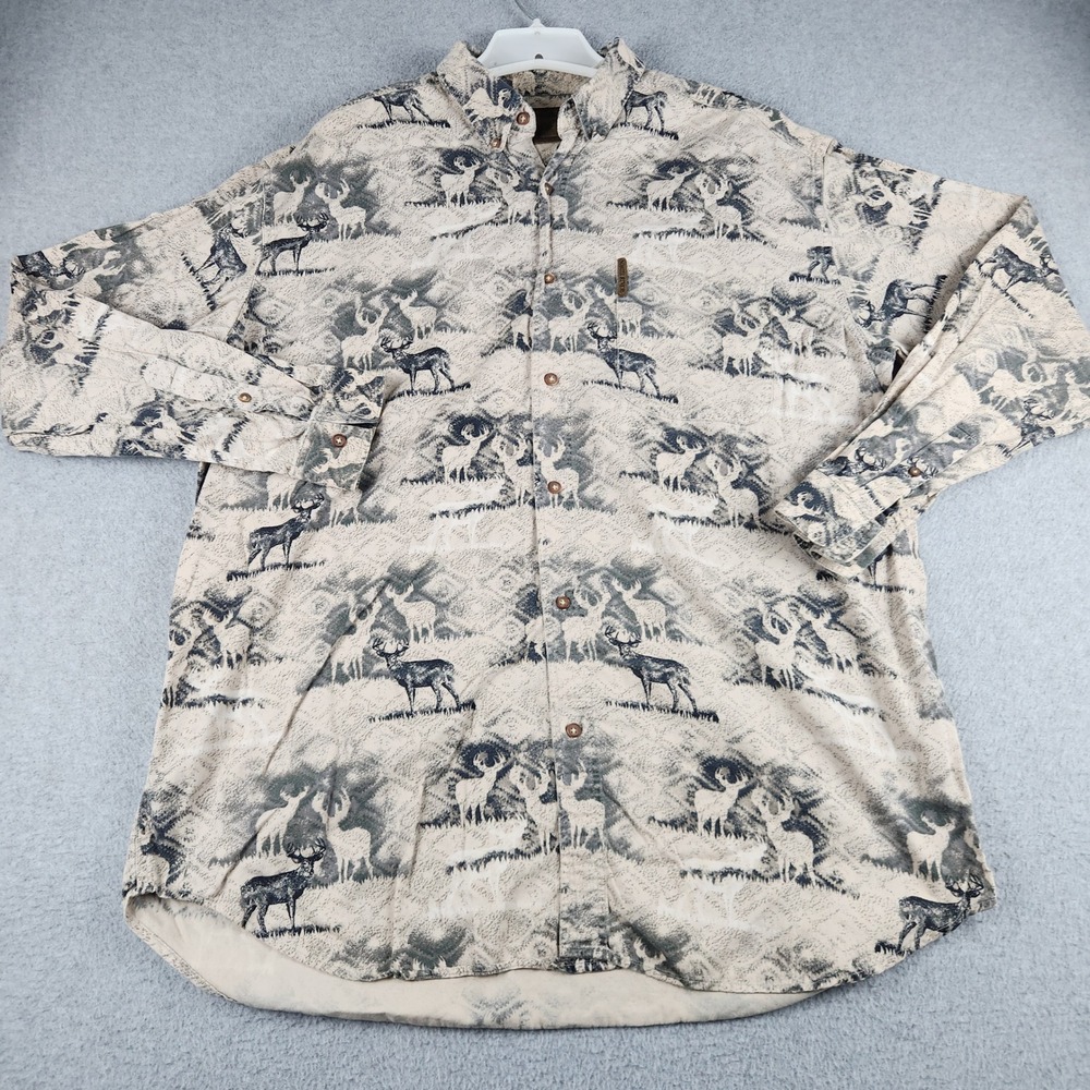 North River Shirt Mens 1XLT Beige Deer Wildlife Print Cotton Button Up Outdoor